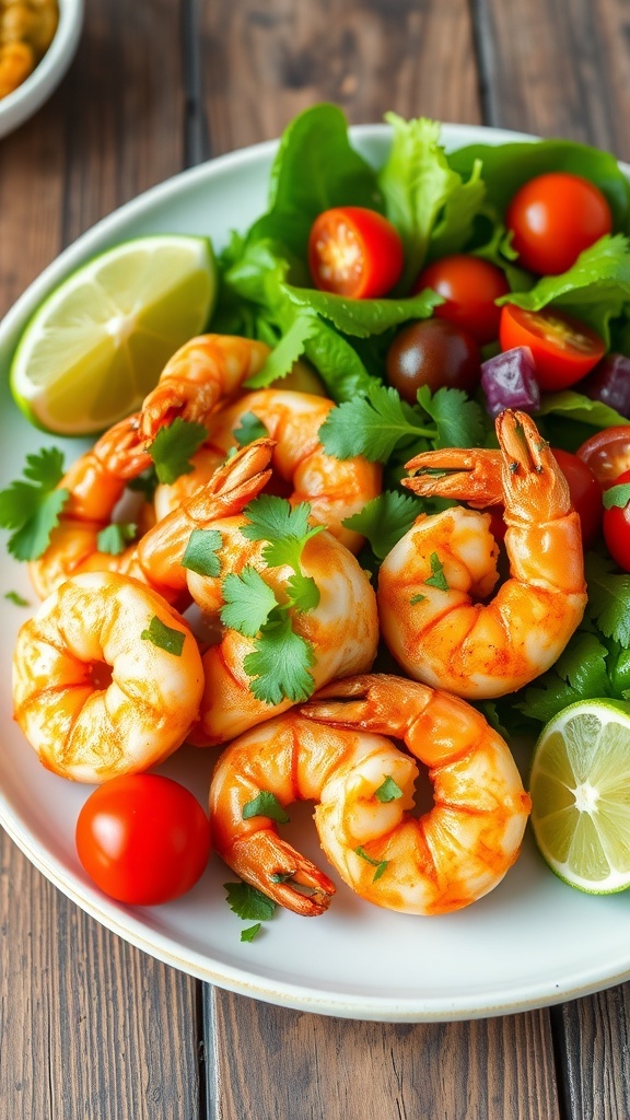 Crispy Air Fryer Lime Shrimp Recipe Crispy air fryer lime shrimp on a plate with cilantro and lime wedges, served with a fresh salad.
